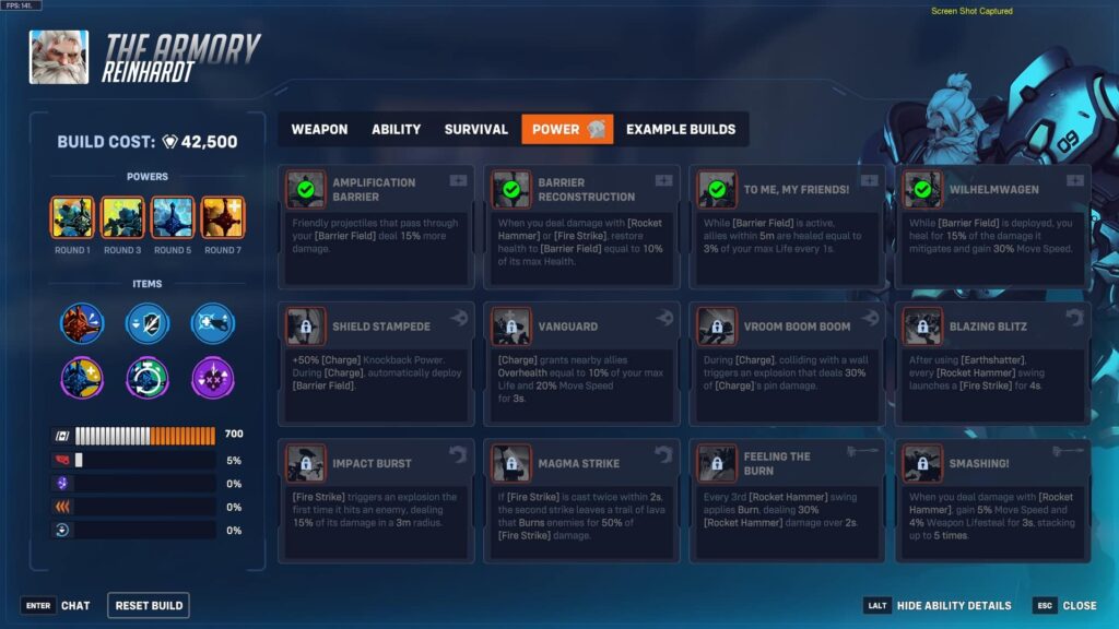 Reinhardt Tank build в Overwatch Stadium 2025 з орієнтованими на бар’єри здібностями та підтримкою.